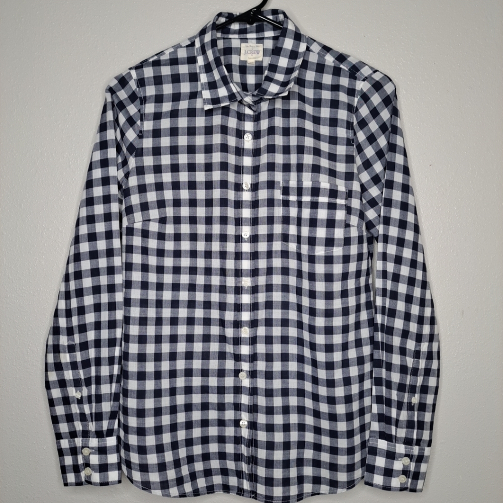 J CREW Womens The Perfect Shirt Long Sleeve XS Plaid in Navy White Lightweight